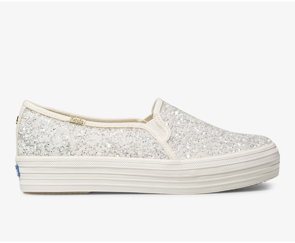 Keds Womens Slip Ons White - Kate Spade new york Triple Decker Glitter - 562NWDTQO